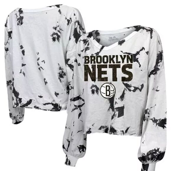 Majestic Women's White Black Brooklyn  Tie-Dye Crop V-Neck Long Sleeve T-shirt - Picture 4 of 7
